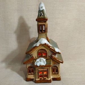 VTG Collectable Glazed Pottery Snow Covered Church Candle Holder